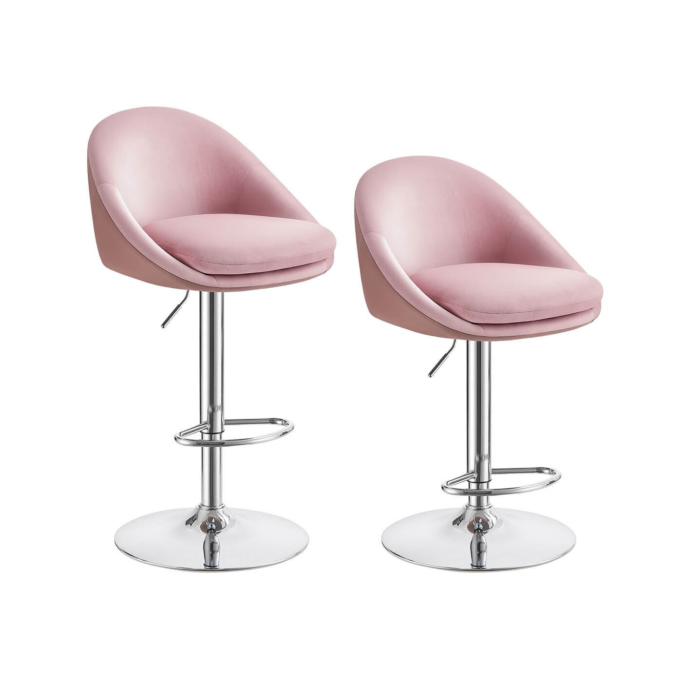 Bar stool set of 2, height-adjustable, pastel pink-silver grey, 52.5 x 50 x (97.5-108.5) cm (D x W x H) Seat height (from floor): 59-73.5 cm Seat dimensions: 41 x 43 cm (D x W) Backrest height: 37.5 cm Foot dimensions: 45 cm