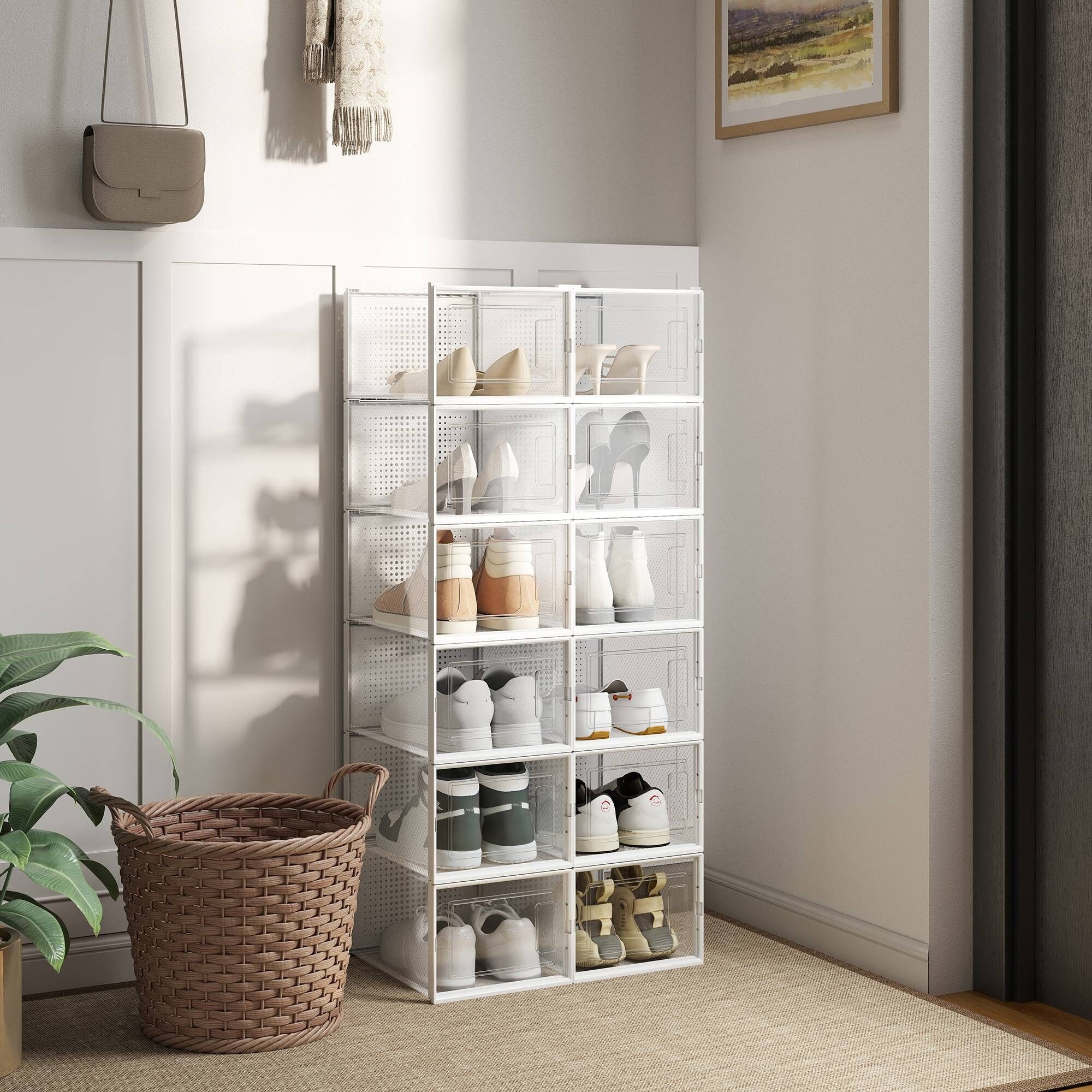 Shoe boxes, set of 12, plastic shoe organizer, 35 x 25.0 x 18.5 cm (D x W x H) Internal dimensions per box: 31 x 24.5 x 17.5 cm