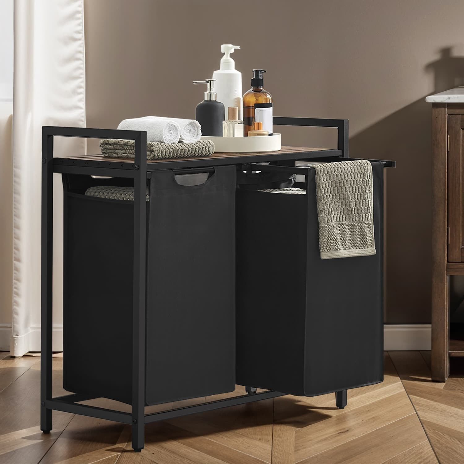 Panier à linge 2 compartiments, bac de récupération du linge avec étagère, boîte à linge, 73 x 33 x 72 cm (L x l x H) - Dimensions par sac : 30 x 30 x 63 cm