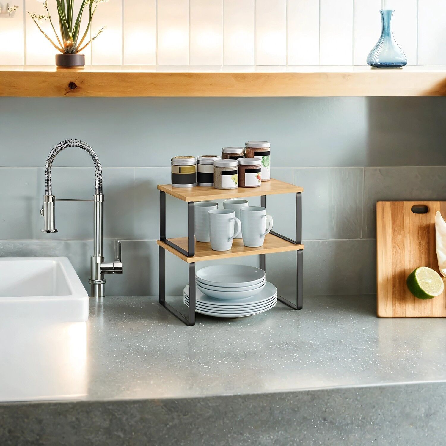 Étagère à épices, ensemble de 2 organisateurs de cuisine, étagère de cuisine, 29.7x19.5x15.5 cm (L x l x H) Dimensions de la petite étagère : 29.7 x 18.5x13.6 cm