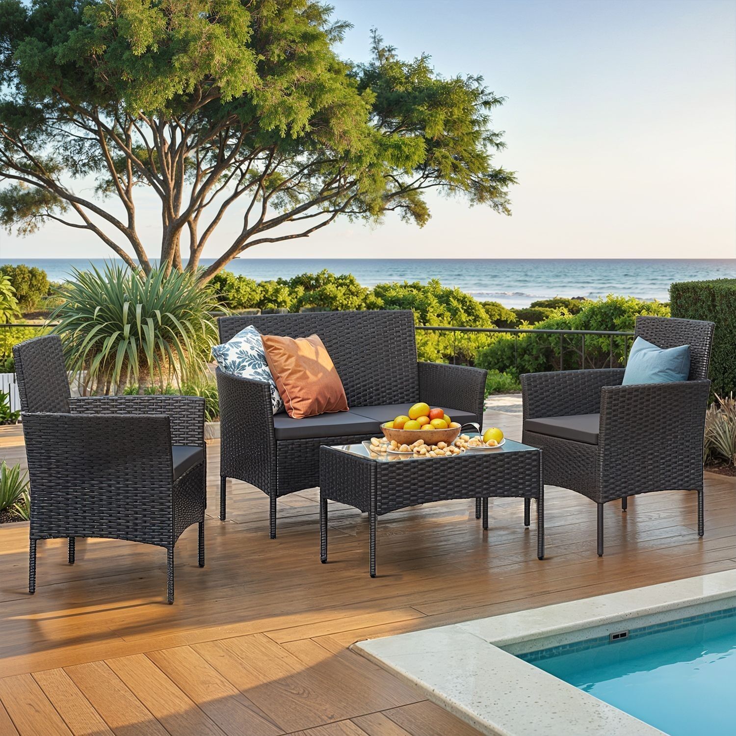 Meubles de balcon, ensemble de meubles de jardin, en polyrotin PE, 54.5 x 56.5 x 81.5 cm (P x L x H) - Dimensions du banc : 54.5 x 99 x 81.5 cm (P x L x H) - Dimensions de la table : 41 x 71 x 39 cm