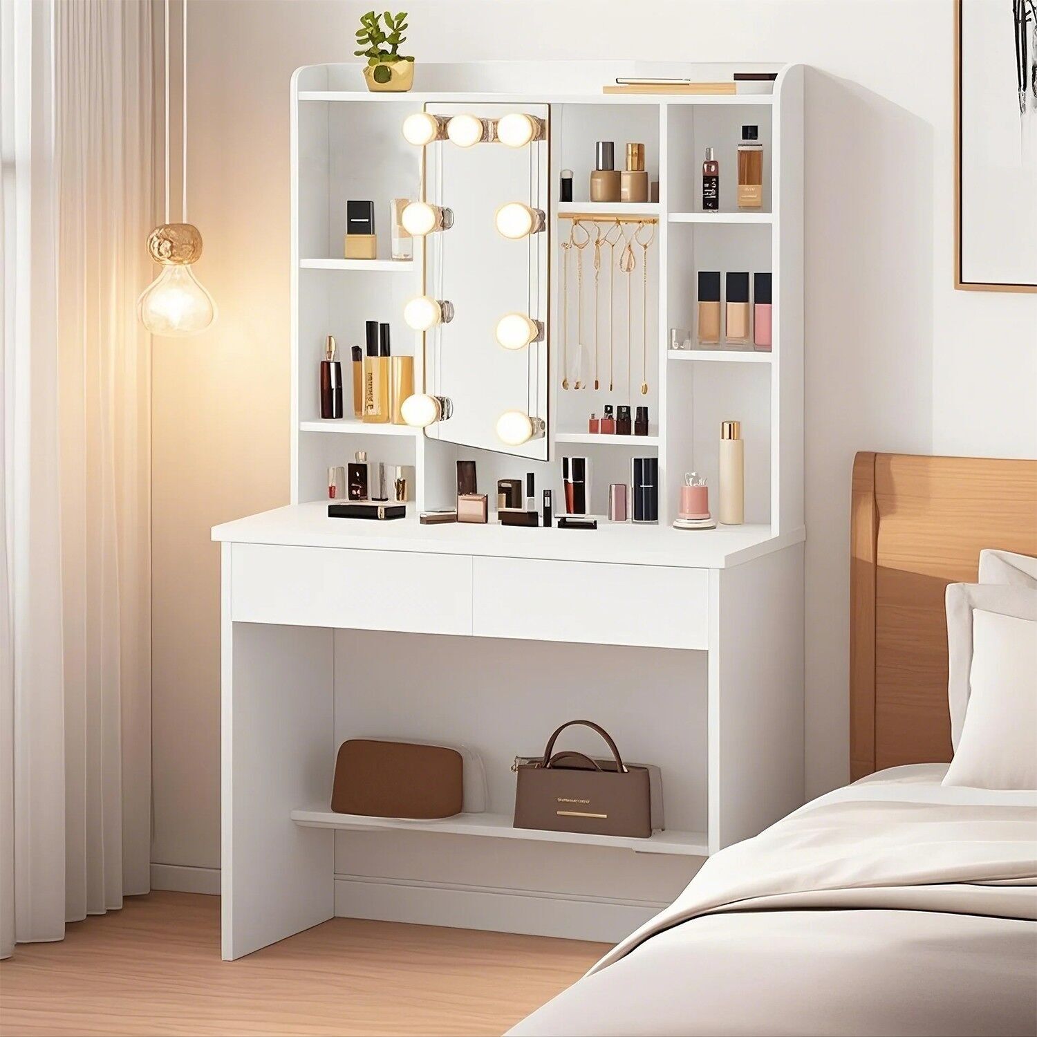 Dressing table with LED lighting, adjustable light colors and brightness, dressing table with mirror, 40 x 90 x 144.7 cm
