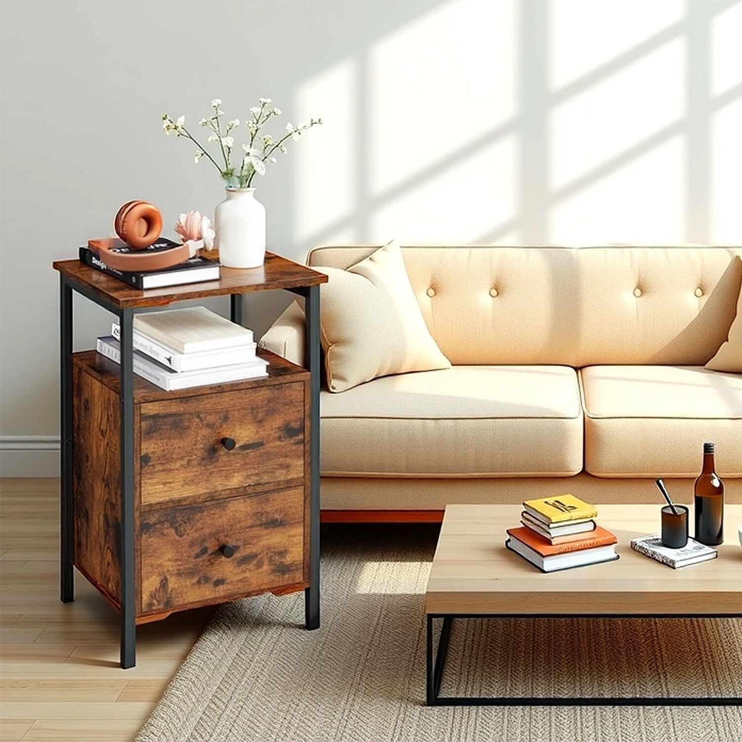 Table de chevet, table d'appoint, avec 2 tiroirs, 38 x 28 x 60 cm