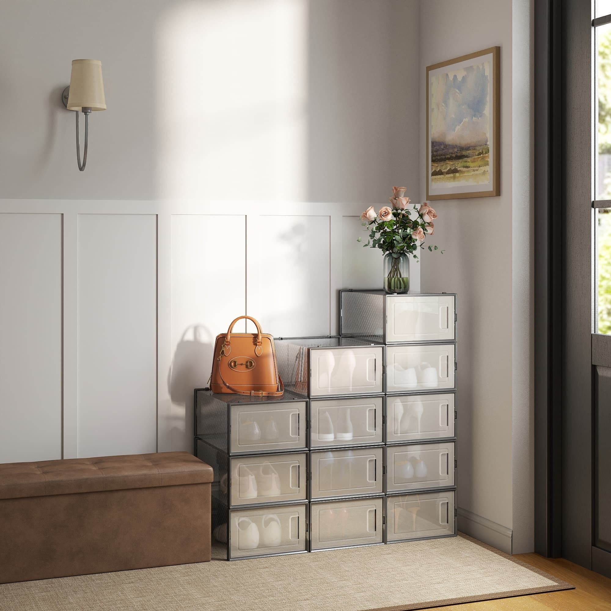 Shoe boxes, set of 12, plastic shoe organizer, 33.5 x 23.2 x 14.3 cm (L x W x H) - Internal dimensions per box: 31.2 x 22.5 x 13.5 cm