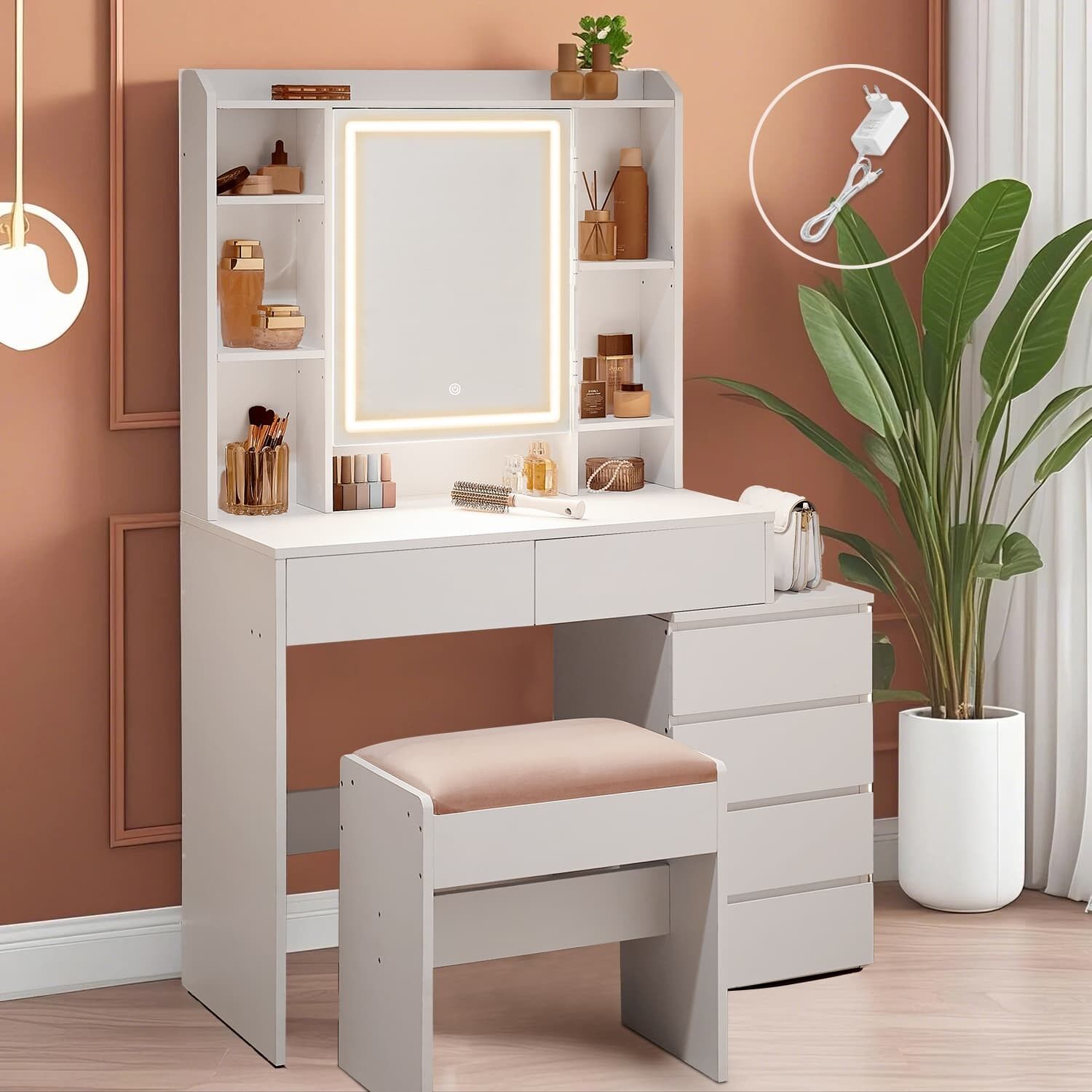 Dressing table with LED lighting, adjustable light colors and brightness, dressing table with mirror, 40 x 97.5 x 145 cm