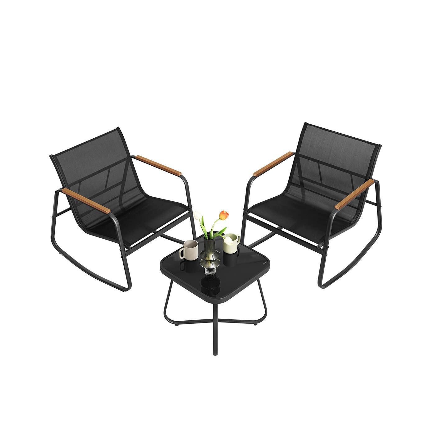 Garden furniture set 2 rocking chairs with table ink black, 44 x 44 x 42.7 cm (D x W x H) Chair dimensions: 73 x 60.8 x 76 cm