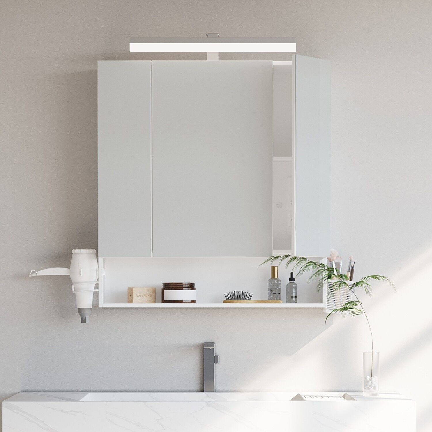 Meuble de salle de bain avec éclairage LED, prises, panier suspendu, 16.5 x 70 x 75 cm