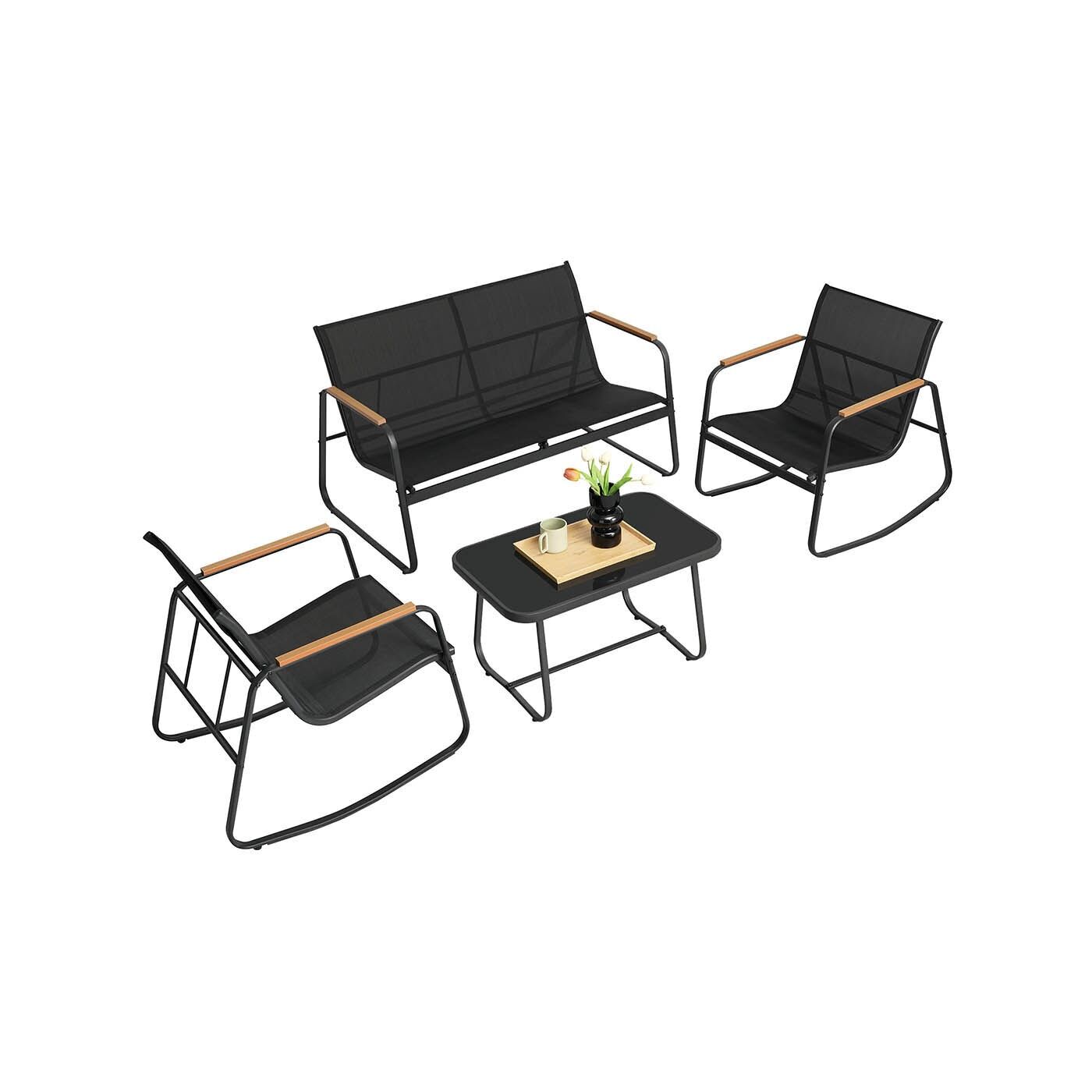 Garden furniture set: garden bench and 2 rocking chairs with table, ink black, 47.1 x 69.6 x 41.8 cm (D x W x H) Chair dimensions: 73 x 60.8 x 76 cm (D x W x H) Balcony bench dimensions (with adjustable legs): 73 x 113.4 x 74 cm
