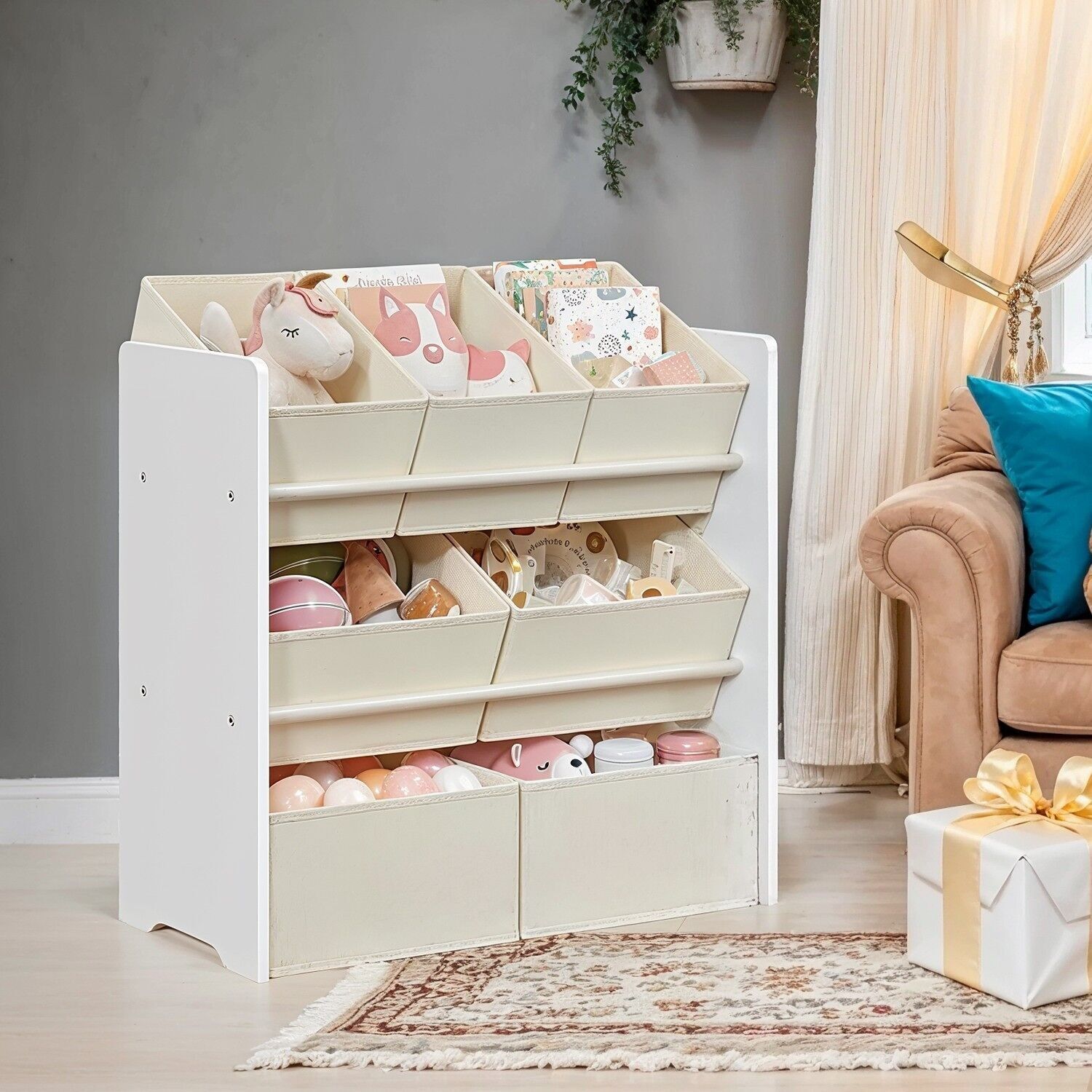 Shelf, bookcase, with 7 storage compartments made of non-woven fabric, 29.5 x 62.5 x 60 cm