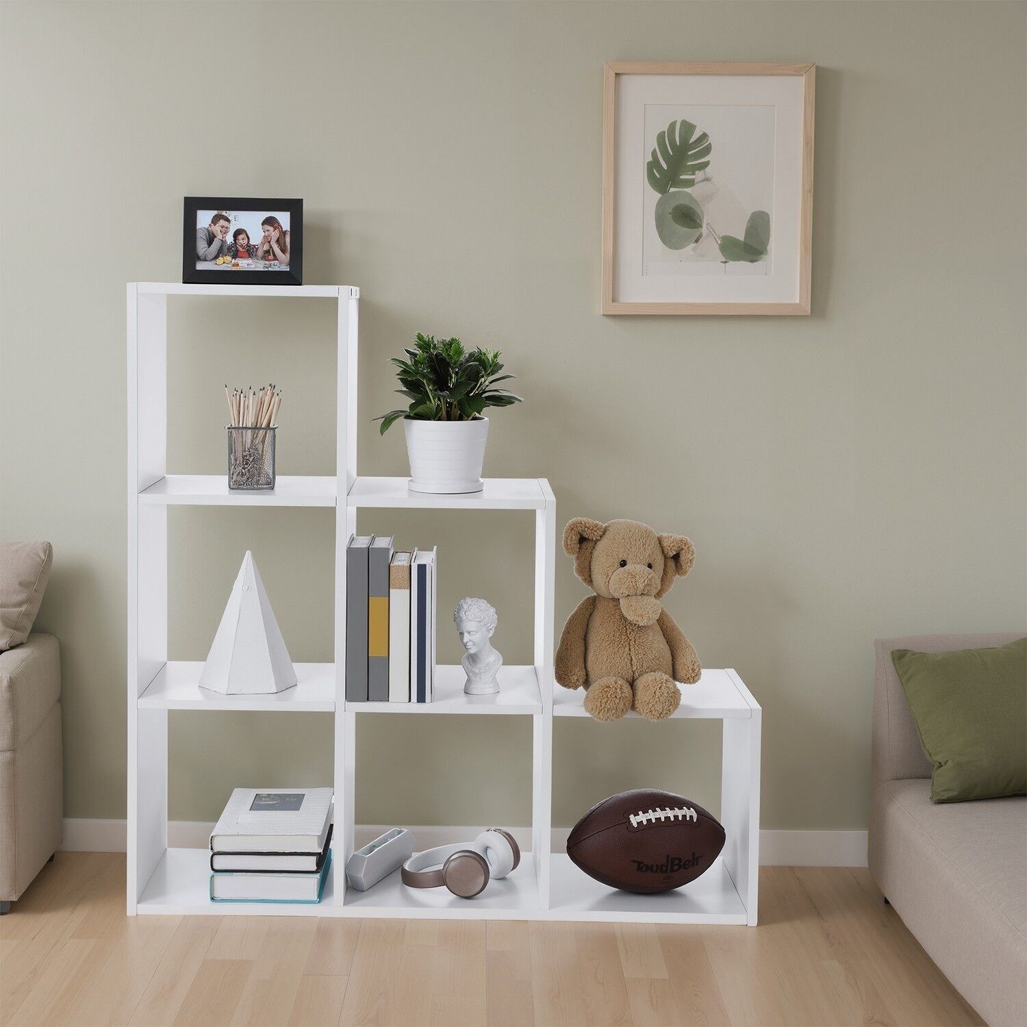 Bookcase with 6 compartments, open shelf, step shelf, 97.5 x 97.5 x 29 cm