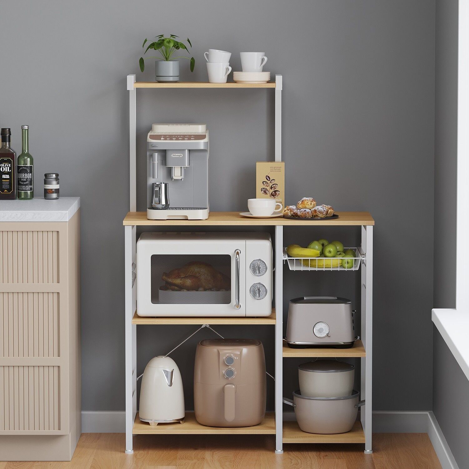 Küchenbrett, Standbrett, Backbrett mit Metallkorb, 40 x 90 x 134 cm