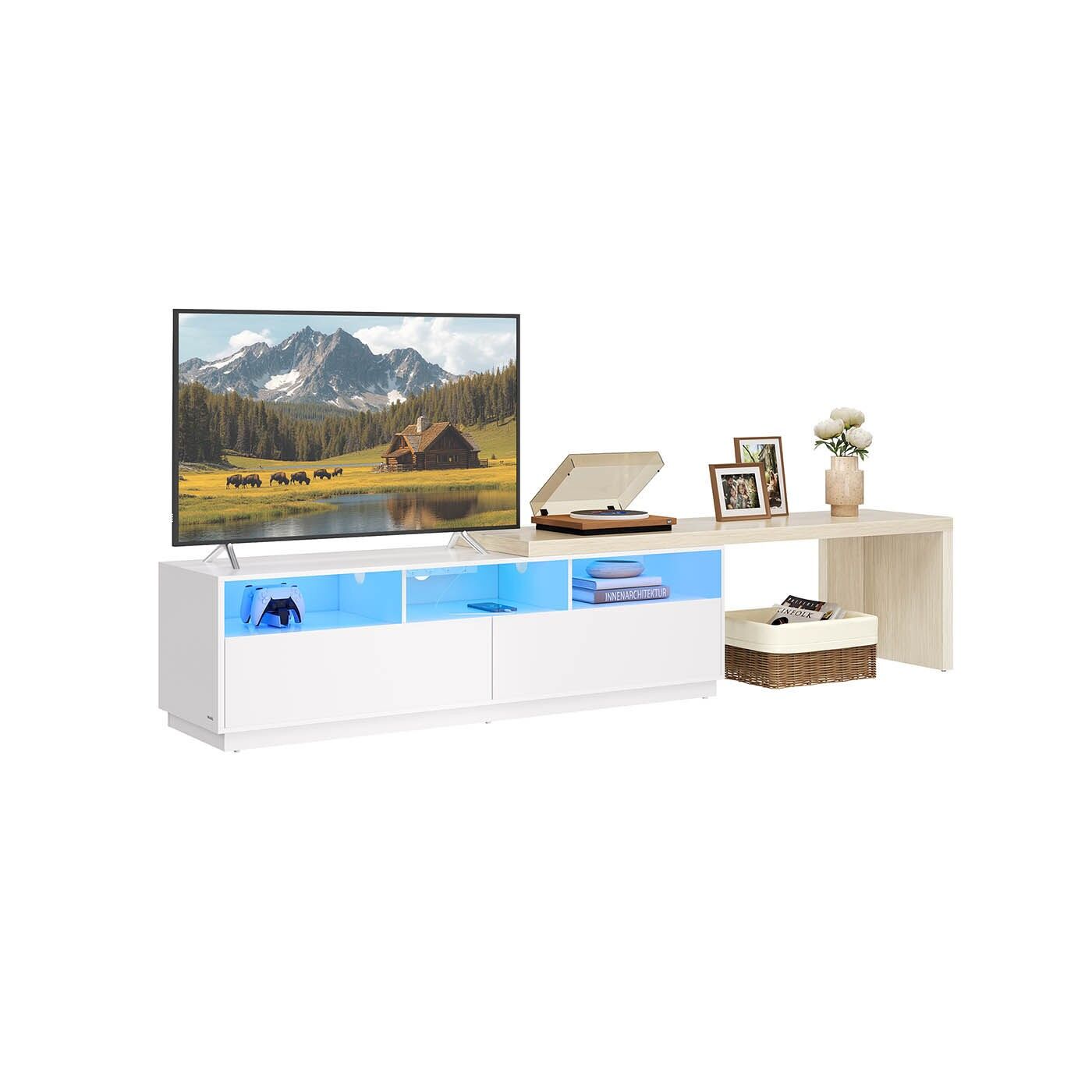 Mueble de TV en forma de L con longitud regulable, blanco nube y beige natural, (162-270) x 39 x 41 cm