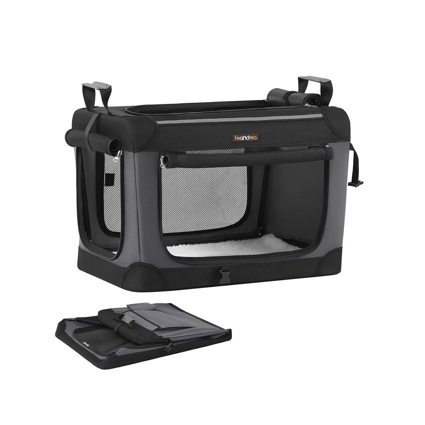 Transportín plegable para perros de 60 cm con 4 puertas de tejido de malla, color negro tinta.