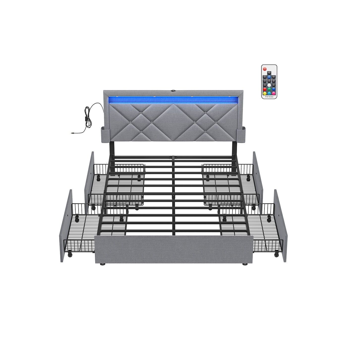 Cama de 140 x 200 cm con estación de carga gris claro-negro mate