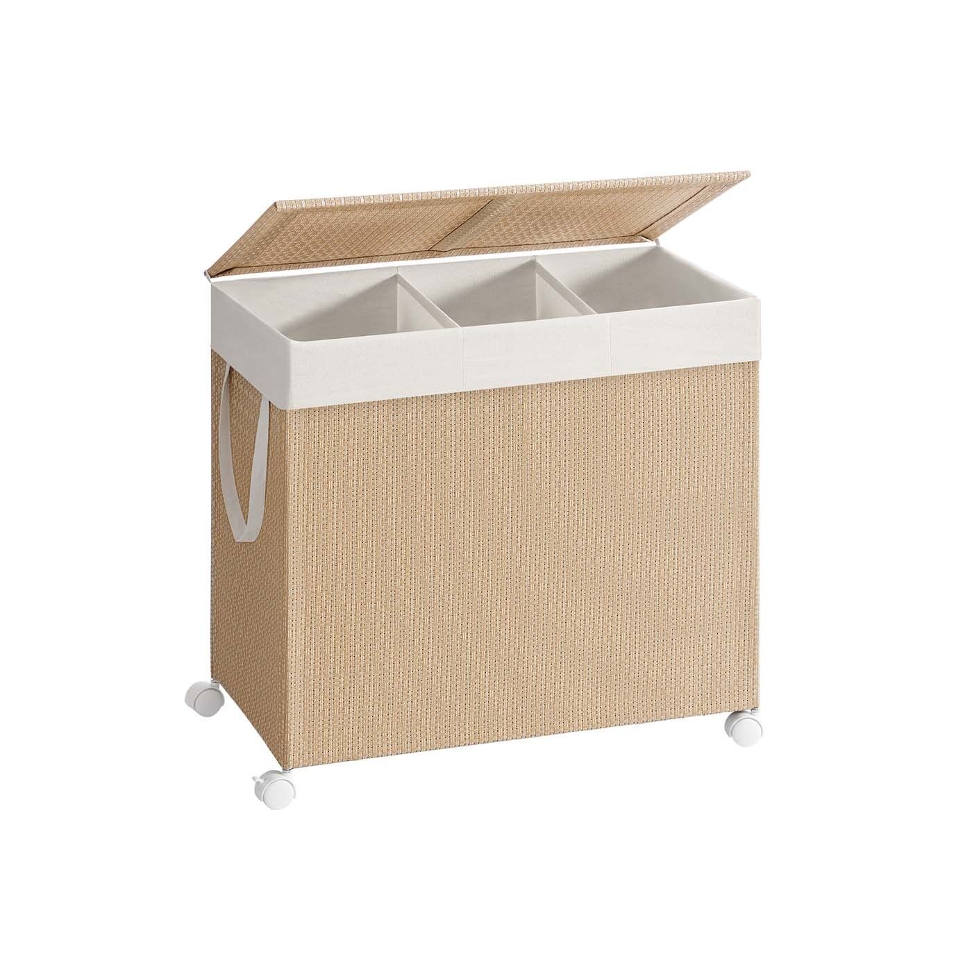 Cesto para ropa 140 L con 3 compartimentos y ruedas, color beige natural-blanco mate, 66.5x37.5 x 65 centímetros