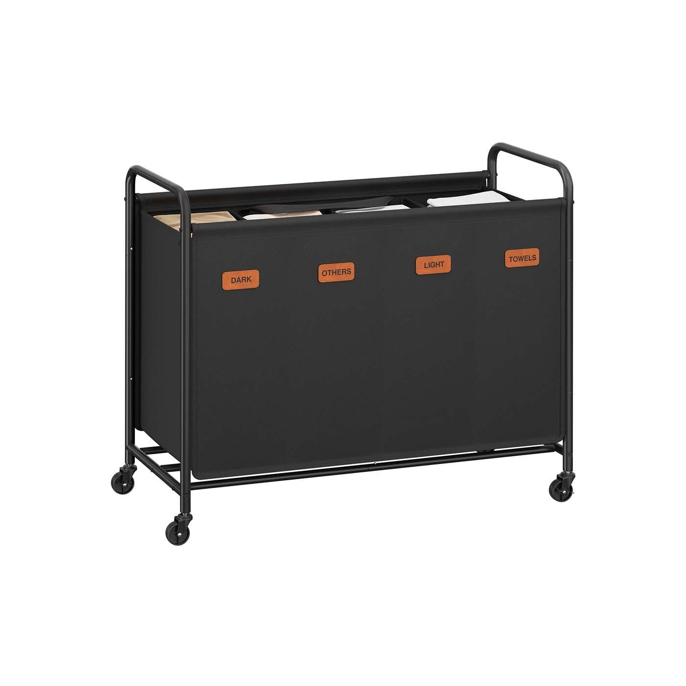 Cesta para ropa sucia 200 L con ruedas y 3 compartimentos, negro tinta, 79 x 40 x 91 cm