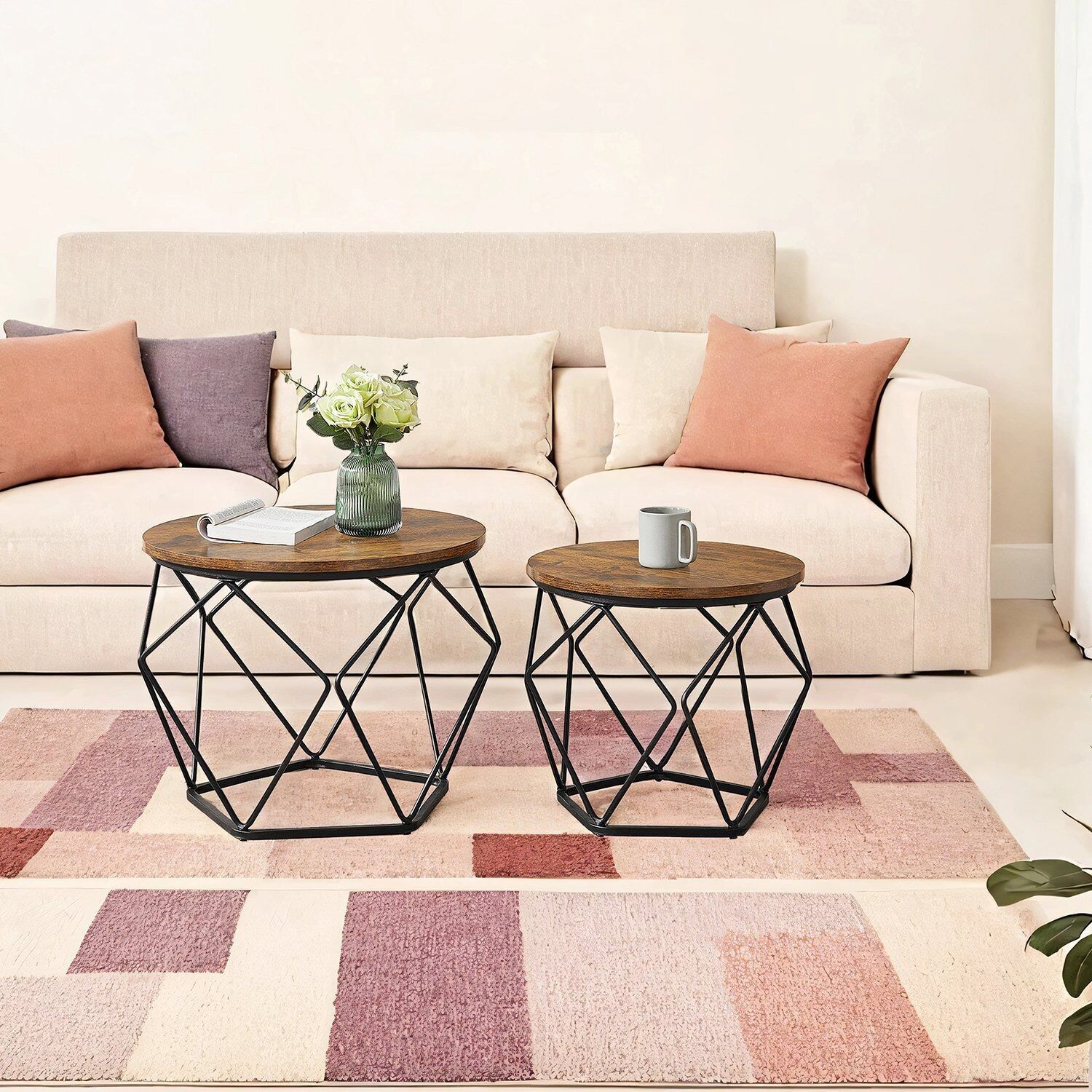 Ensemble de 2 tables basses, table basse ronde, table d'appoint moderne