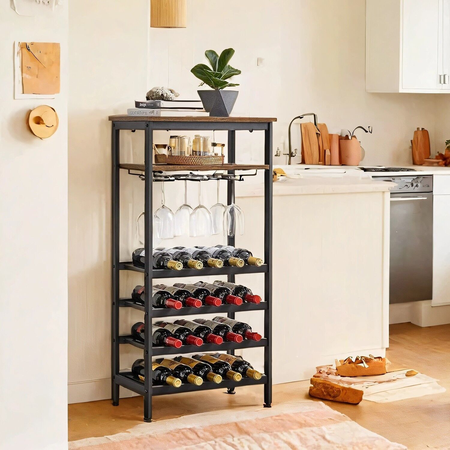 Casier à vin pour 20 bouteilles, casier à vin avec porte-verres, pour cave, 50 x 32 x 100 cm