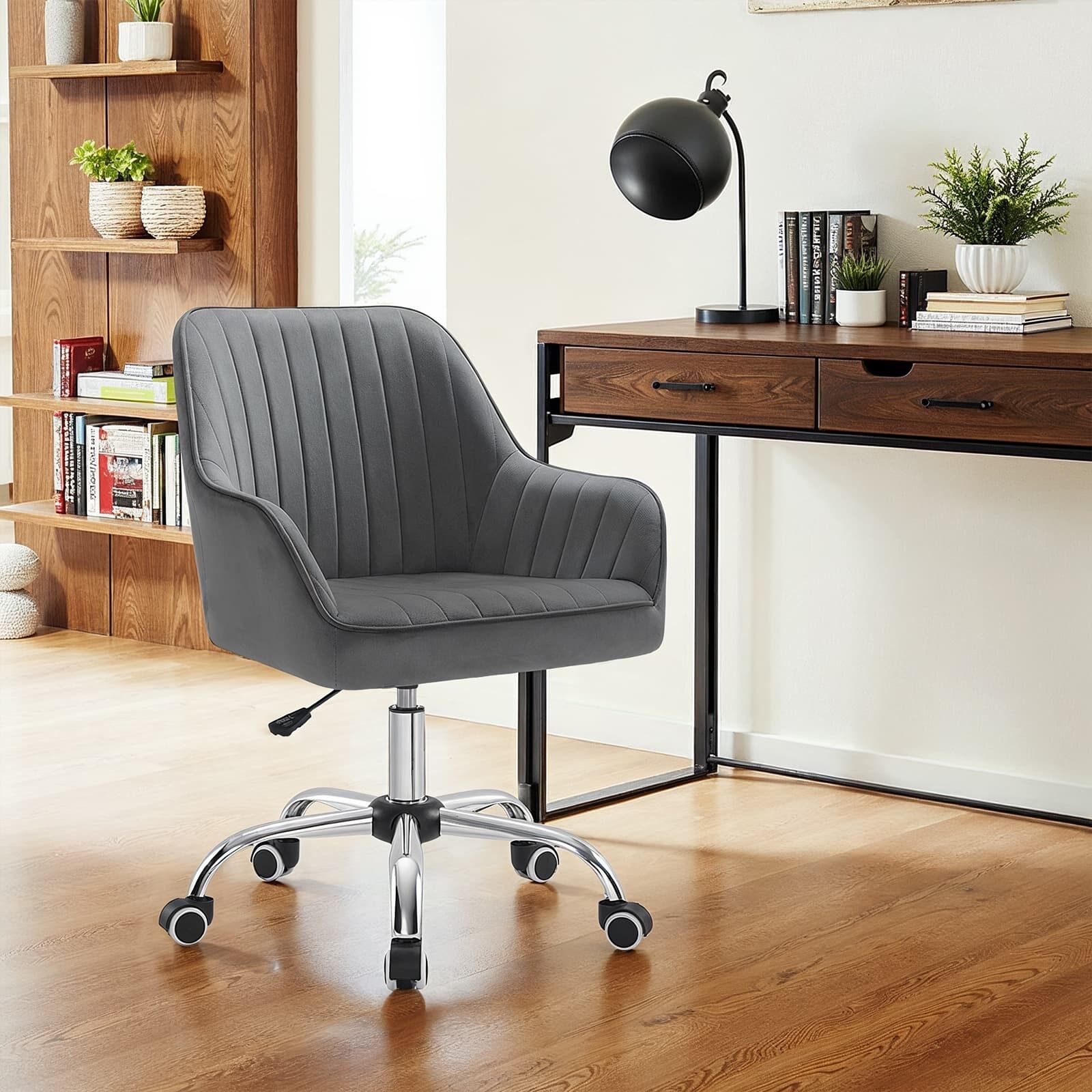 Sedia da ufficio, sedia girevole con rivestimento in velluto, imbottitura in schiuma, 64 x 62 x (80-90) cm (L x P x A) Altezza seduta: 45-55 cm