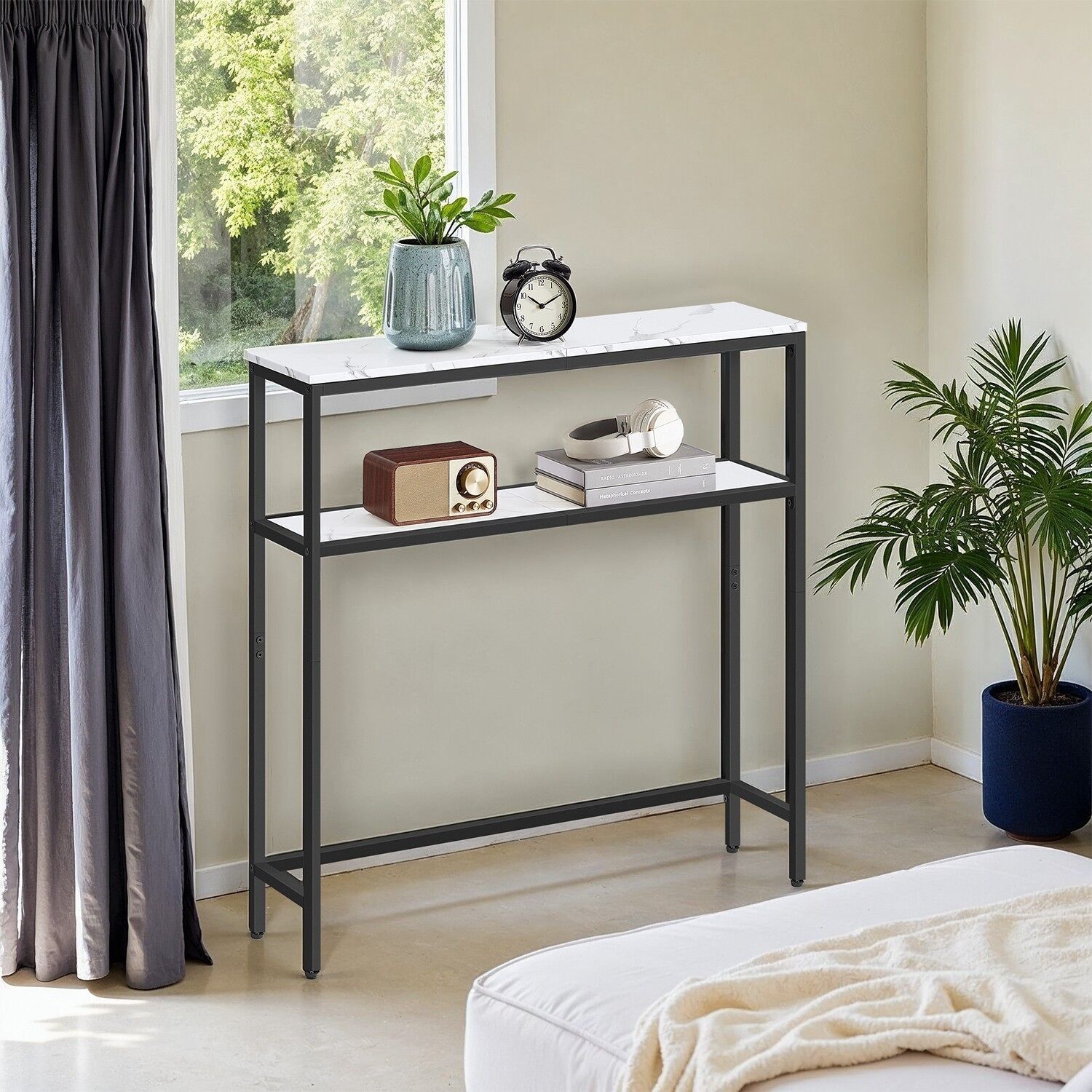 Table basse étroite avec 2 étagères, marbre blanc et noir encre, 20 x 80 x 80 cm