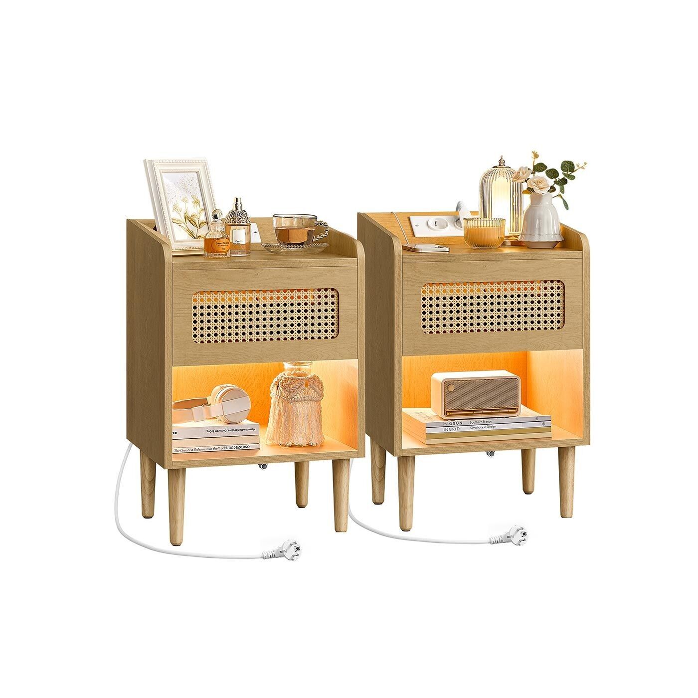 Collection BOHOVEN - Table de chevet avec station de charge et détecteur de mouvement, lot de 2, chêne beige, 35 x 40 x 60 cm