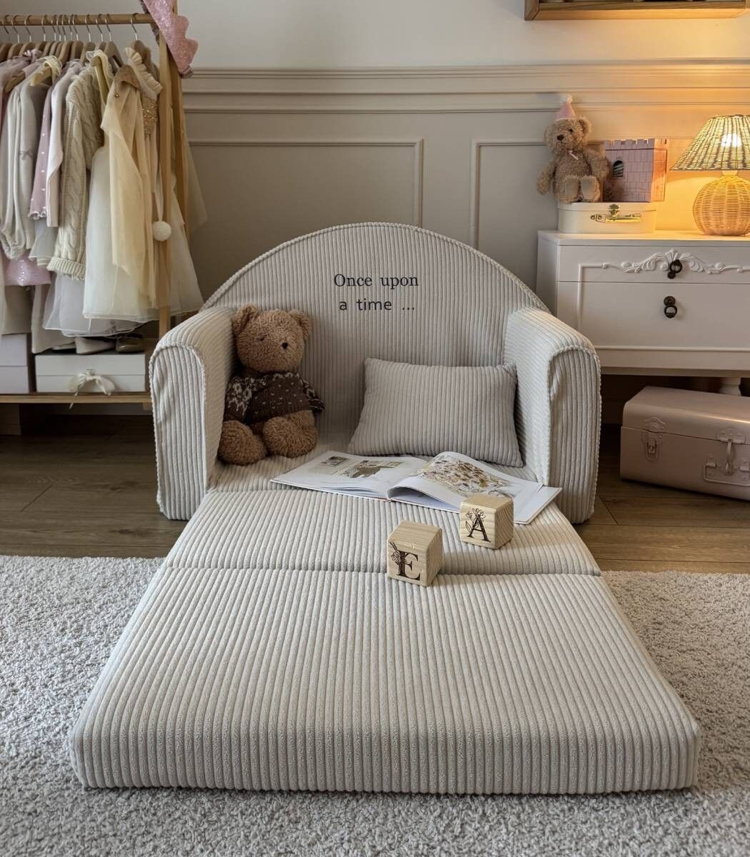 Bianco sporco - Mini divano in velluto a coste con nome ricamato