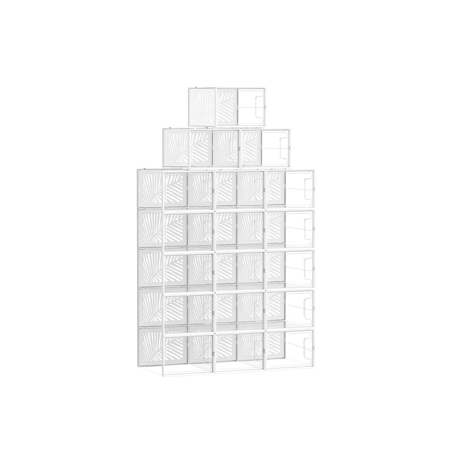 Shoe boxes set of 18 foldable and stackable transparent-white, 35 x 25.5 x 19 cm (D x W x H) Internal dimensions per shoe box: 32.7 x 24.5 x 17.8 cm