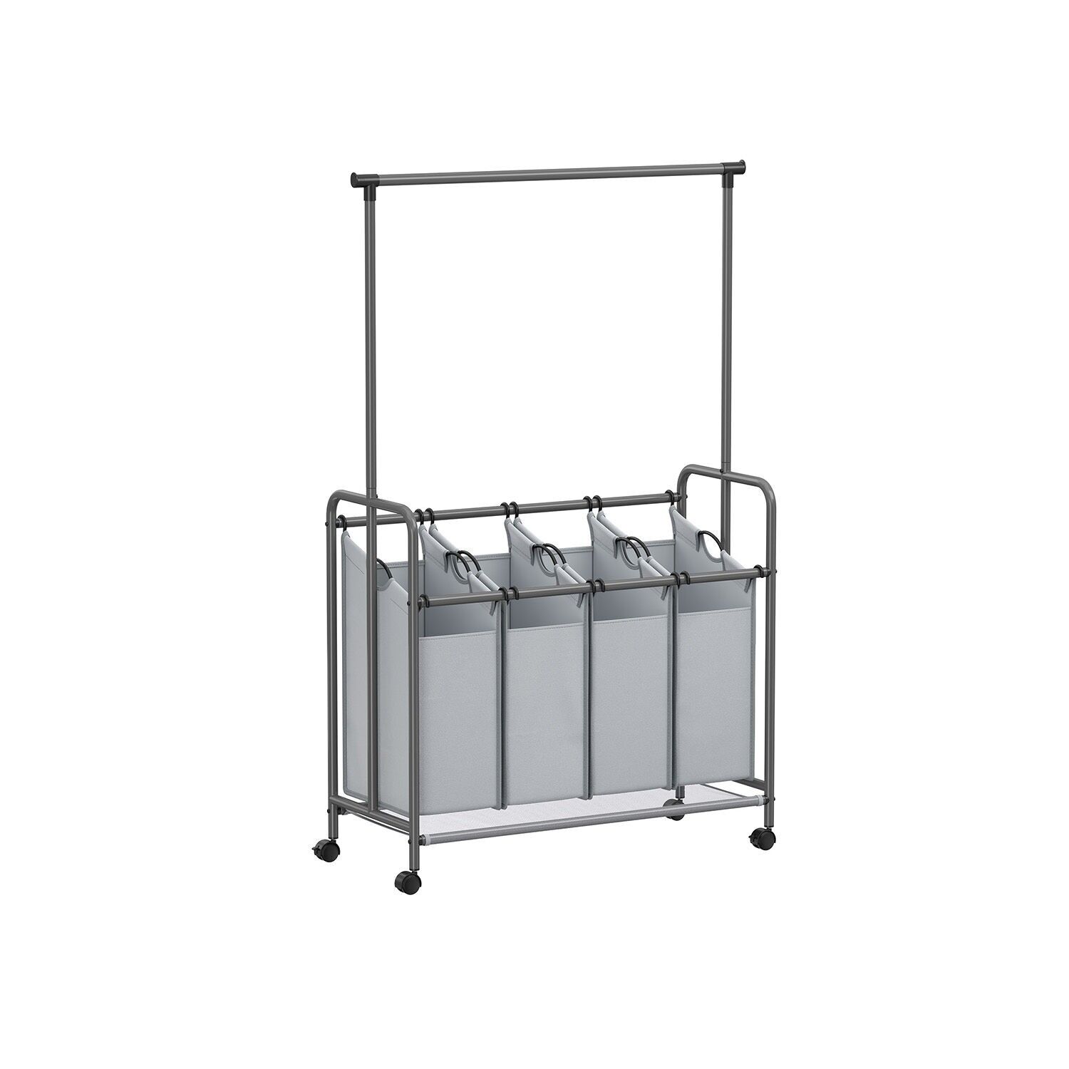 Laundry basket 4 x 50 litres on wheels with removable laundry bag, grey, 108 x 44 x 172 cm (L x W x H). Dimensions of each bag: 40 x 23.5 x 53/64 cm
