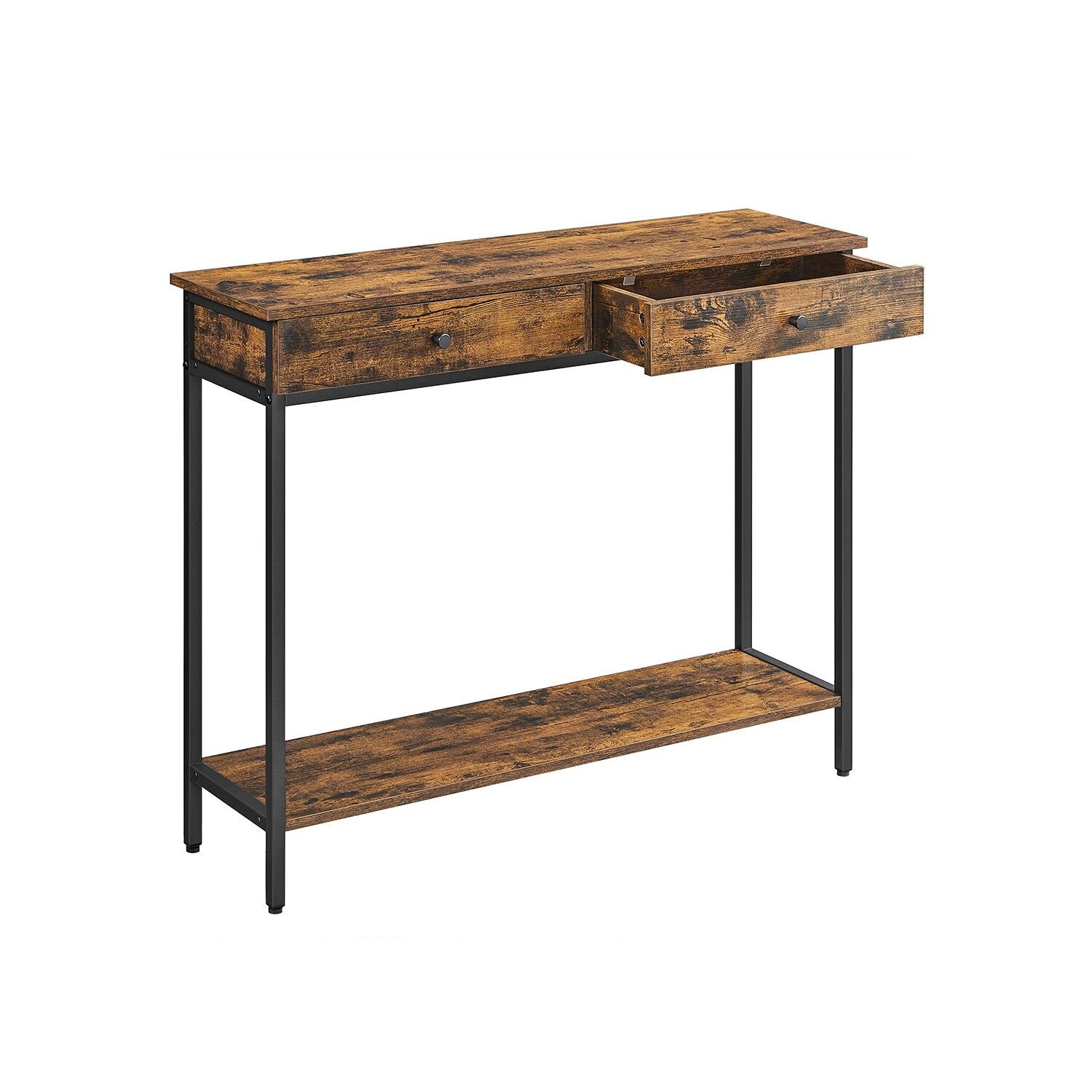 Console avec 2 tiroirs et structure en acier, marron-noir vintage, 100 x 30 x 80 cm
