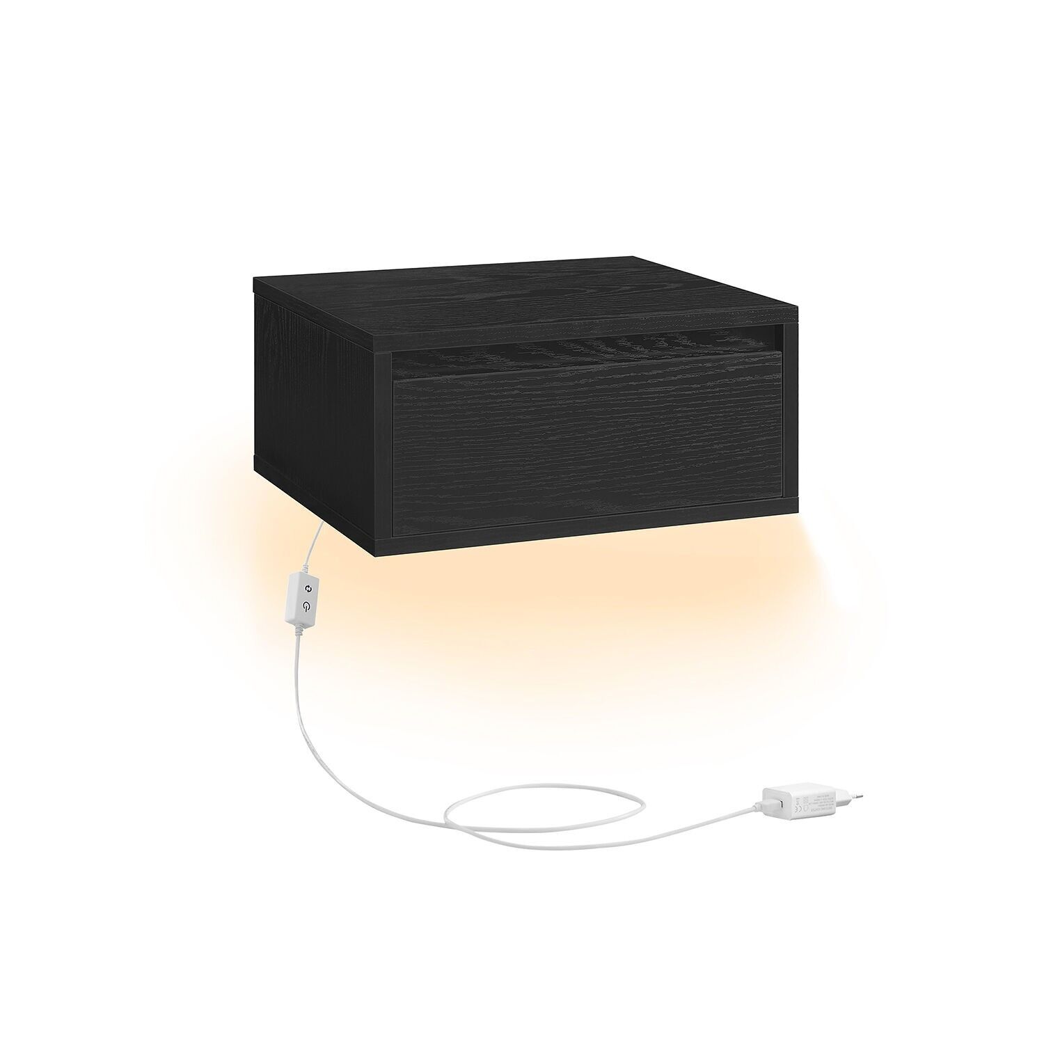 Comodino sospeso con illuminazione in 3 tonalità di nero ebano, 35 x 40 x 18 cm