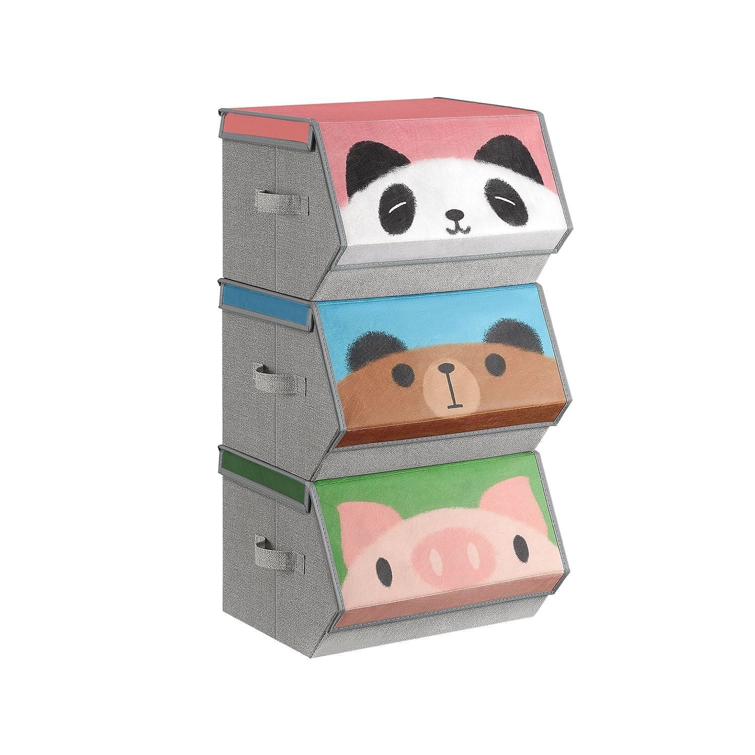 Set of 3 storage boxes with panda, bear and pig motifs, 38 x 35 x 25 cm (L x W x H) Dimensions of 3 stacked boxes: 38 x 35 x 75 cm