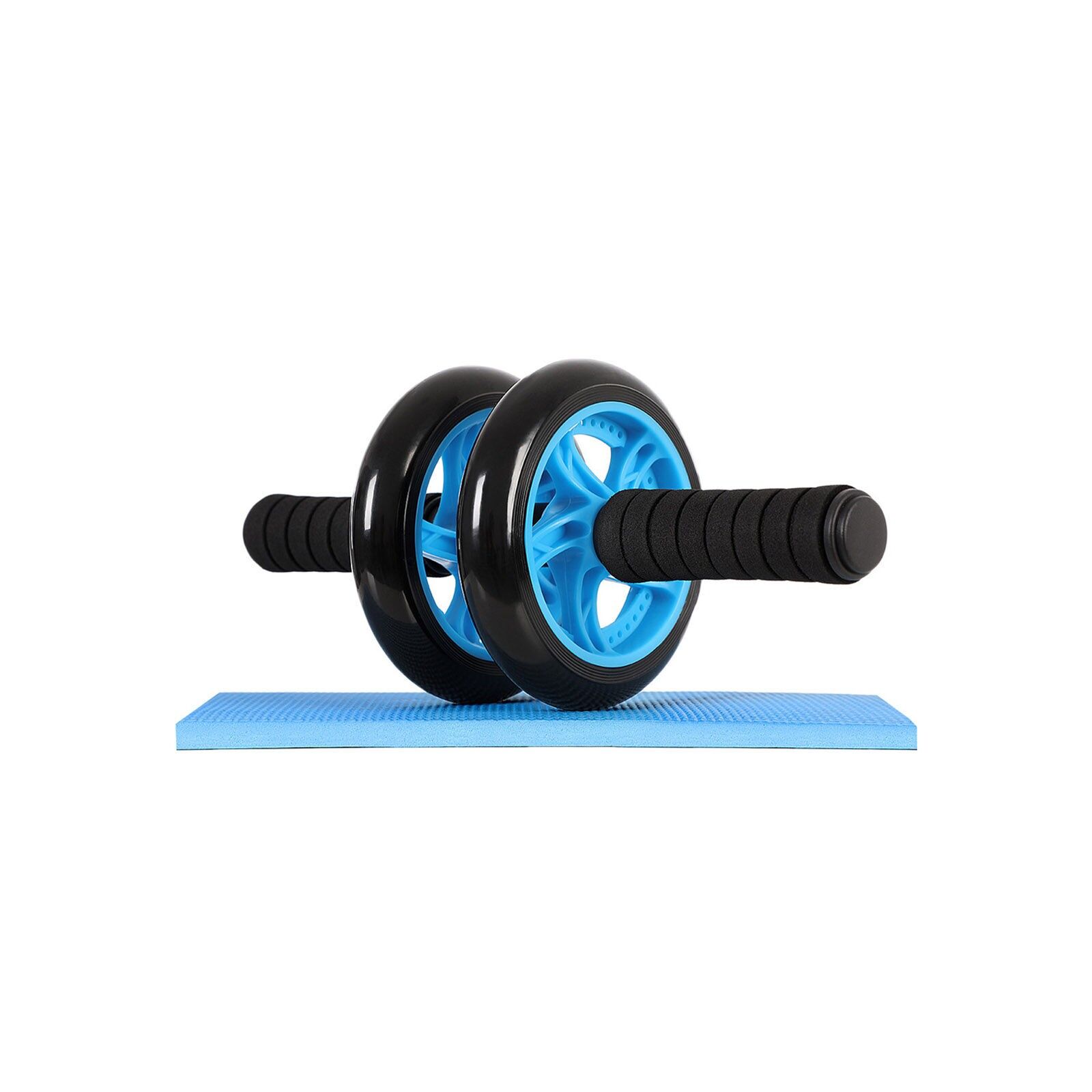 Abdominal roller with training mat blue, 32 x 14.5 cm - Steel tube thickness: 2 mm - Steel tube length: 24.5 cm - Wheel diameter: 14.5 cm - Distance between both wheels: 2.5 cm