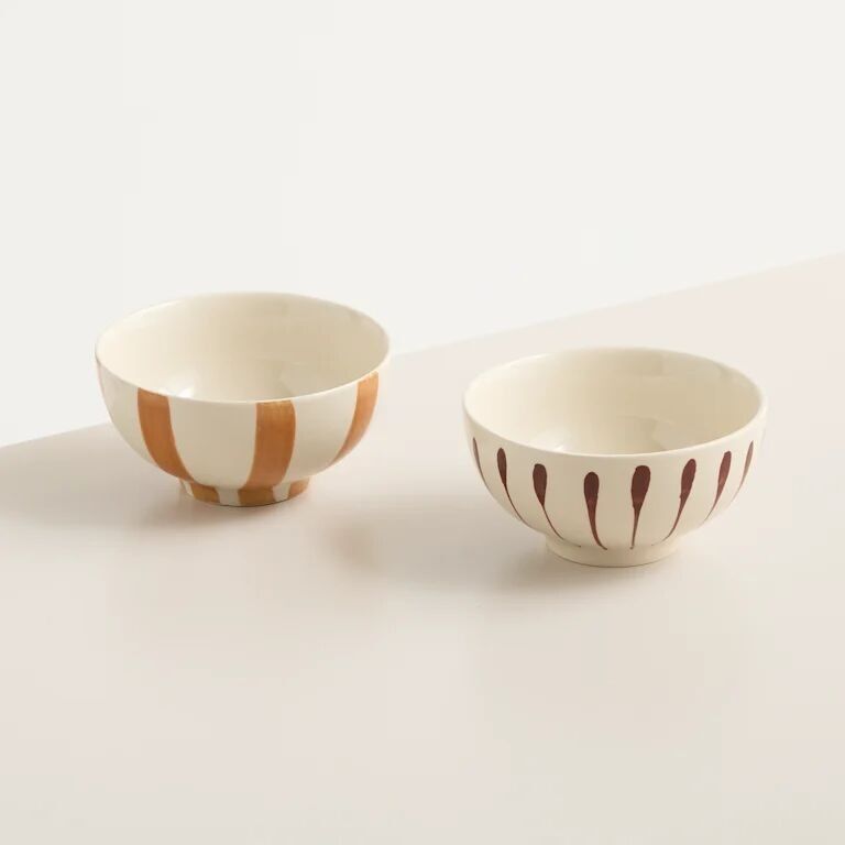 Beige Striped Ceramic Bowls – Set of 2 | Versatile and Durable Tableware (11 cm)