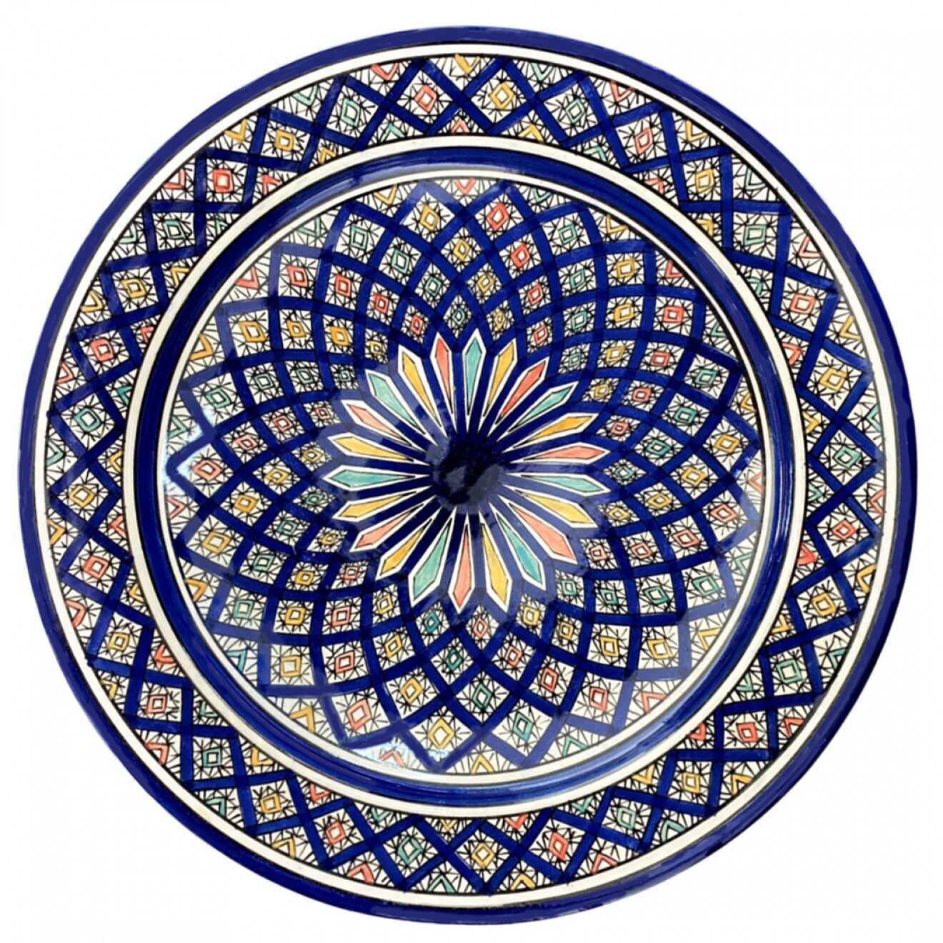 Handbemalter marokkanischer Servierteller – Blaue Keramikplatte (Ø40 cm)