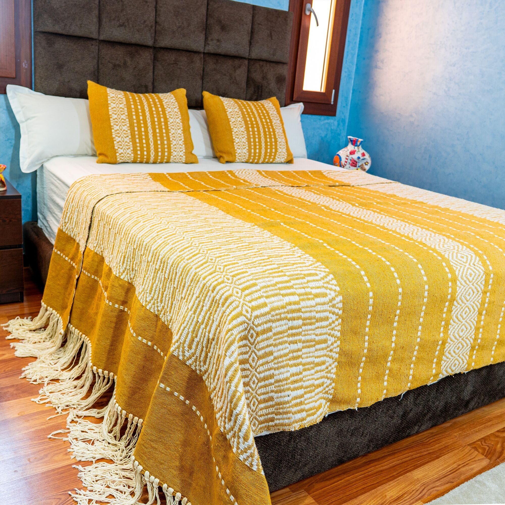 Bold Handwoven Bedspread – Mustard & Ivory
