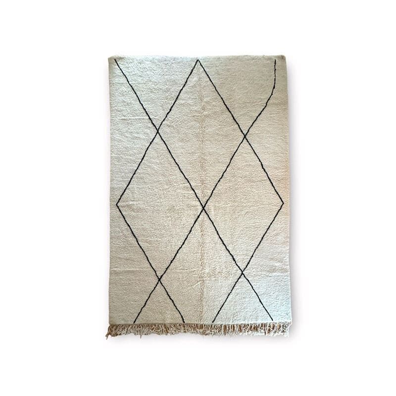 Alfombra Beni Ouarain 255×370 cm – Alfombra marroquí extra suave tejida a mano con patrón de rombos negros clásico