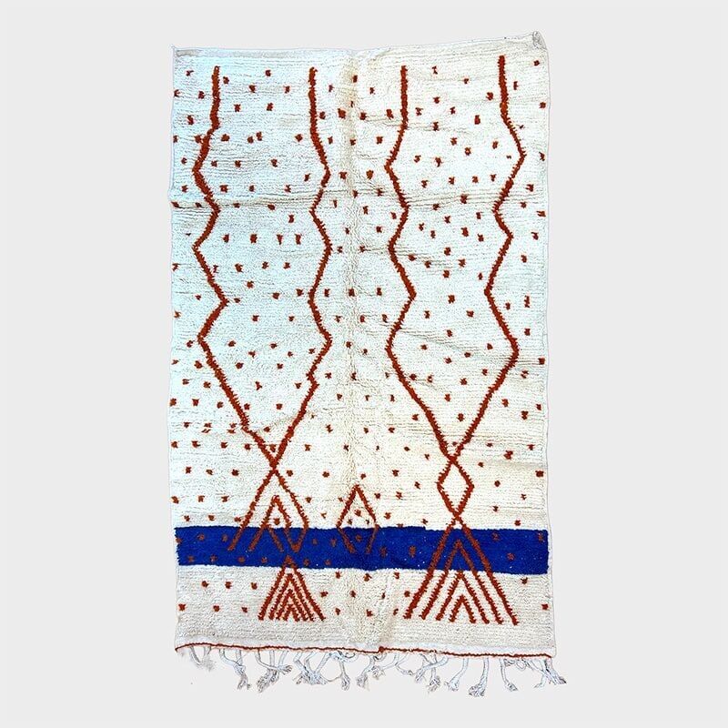Alfombra Beni Ouarain de 160×270 cm – Alfombra marroquí de lana tejida a mano con estampado azul oscuro y naranja