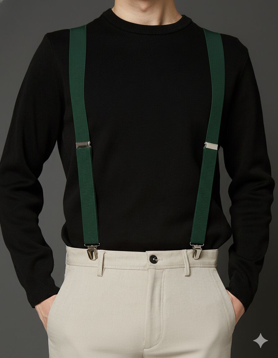 Bretelle elastiche a "X" con clip, 35 mm, produzione francese, YBREUNI-VERT-SAPIN