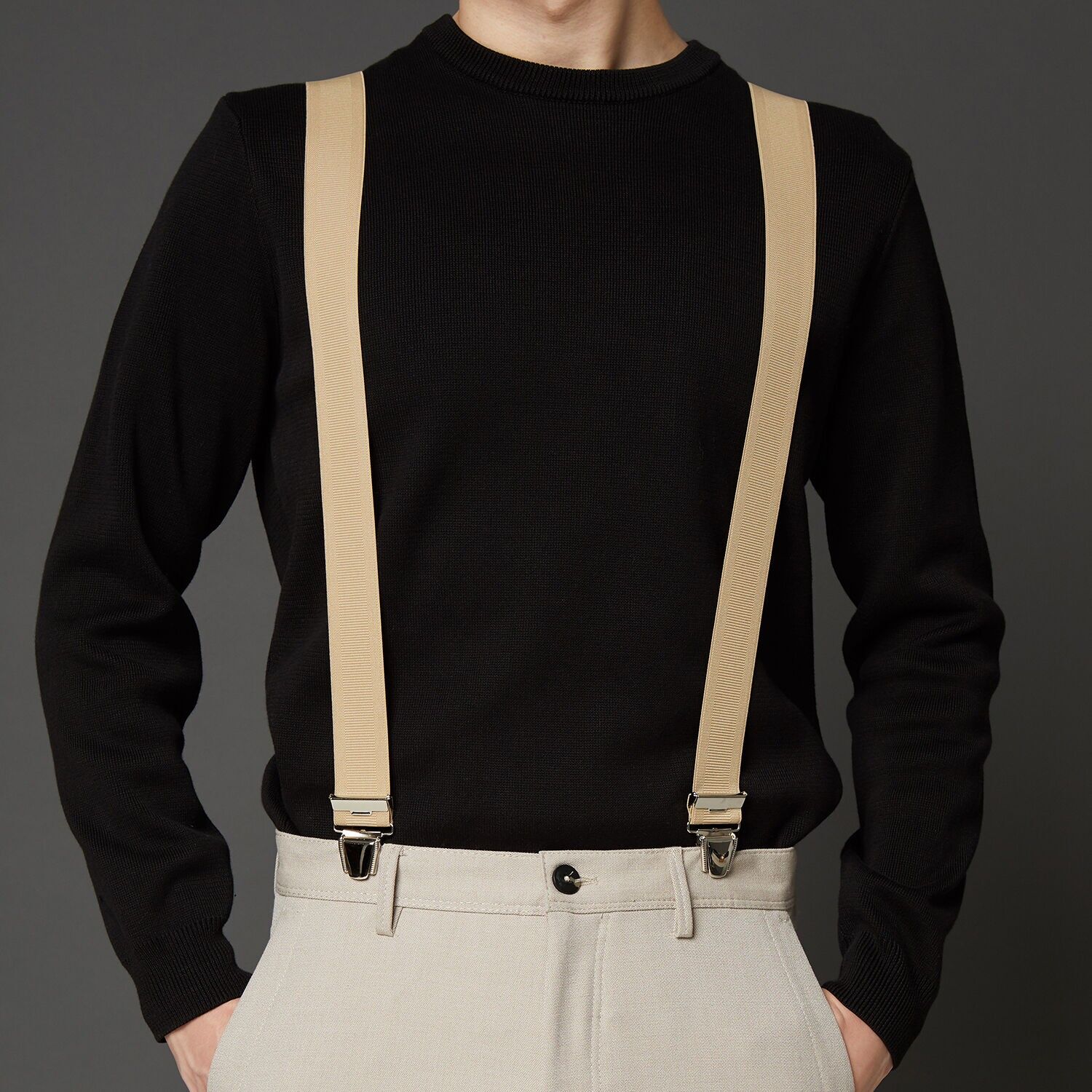 Bretelle elastiche a "X" con clip, 35 mm, produzione francese, YBREUNI-BEIGE