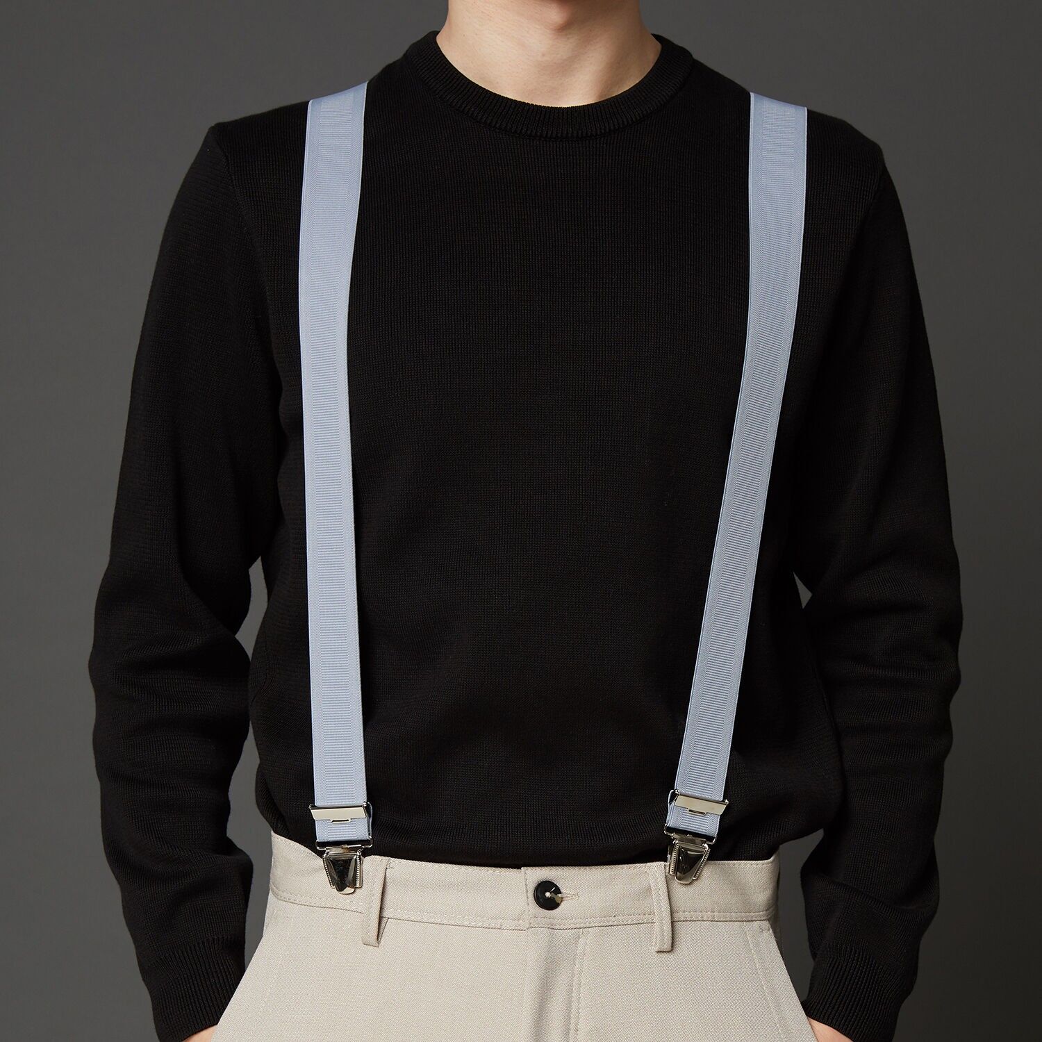 Bretelle elastiche a "X" con clip, 35 mm, produzione francese, YBREUNI-GRIGIO CHIARO