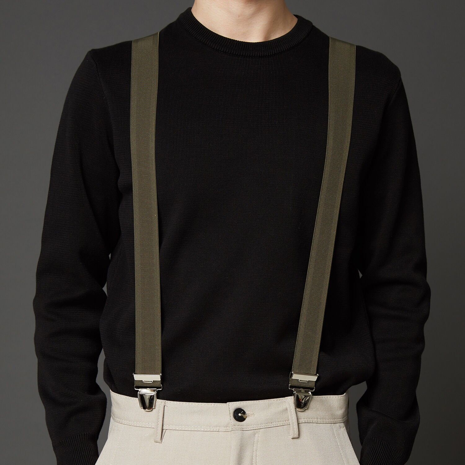 Bretelle elastiche a "X" con clip, 35 mm, produzione francese, YBREUNI-KAKI