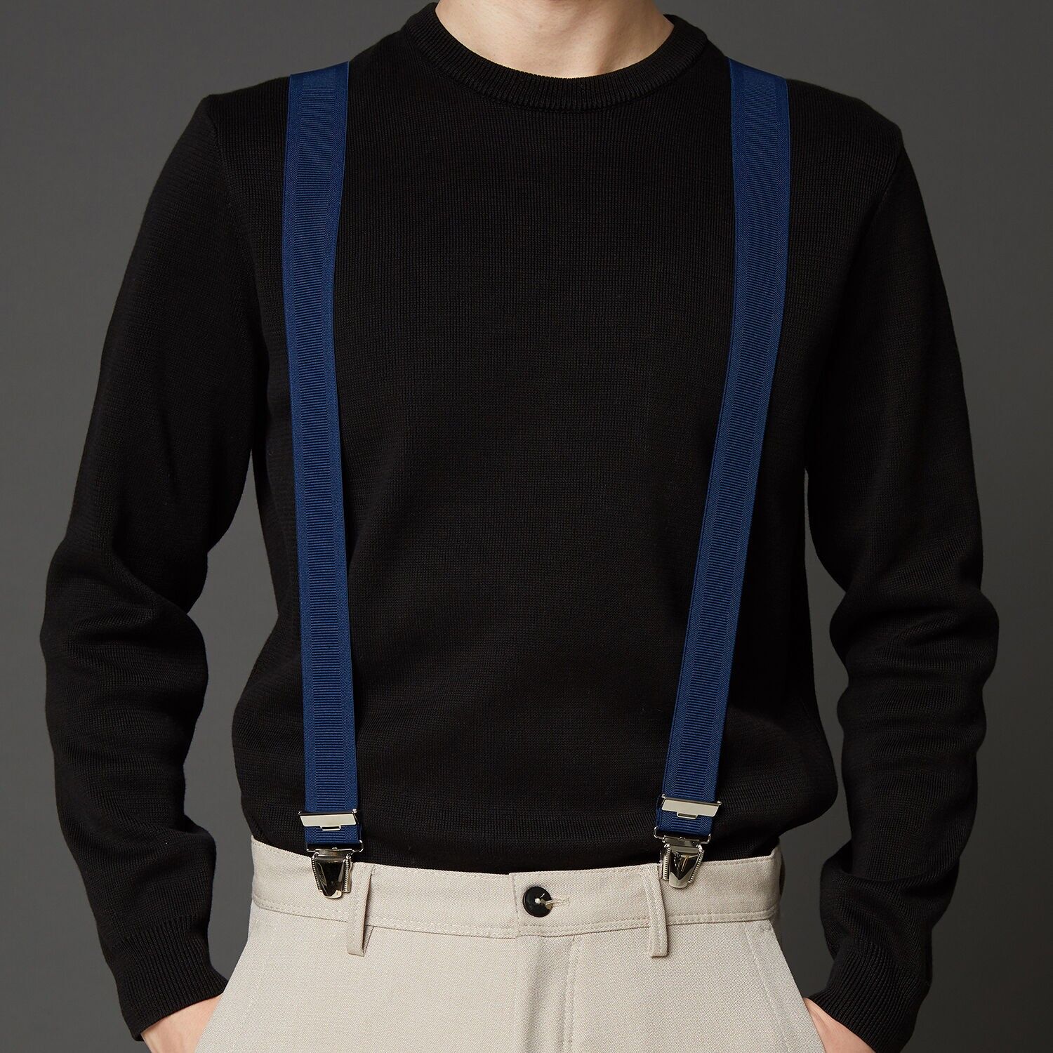 Bretelle elastiche a "X" con clip, 35 mm, produzione francese, YBREUNI-MARINE