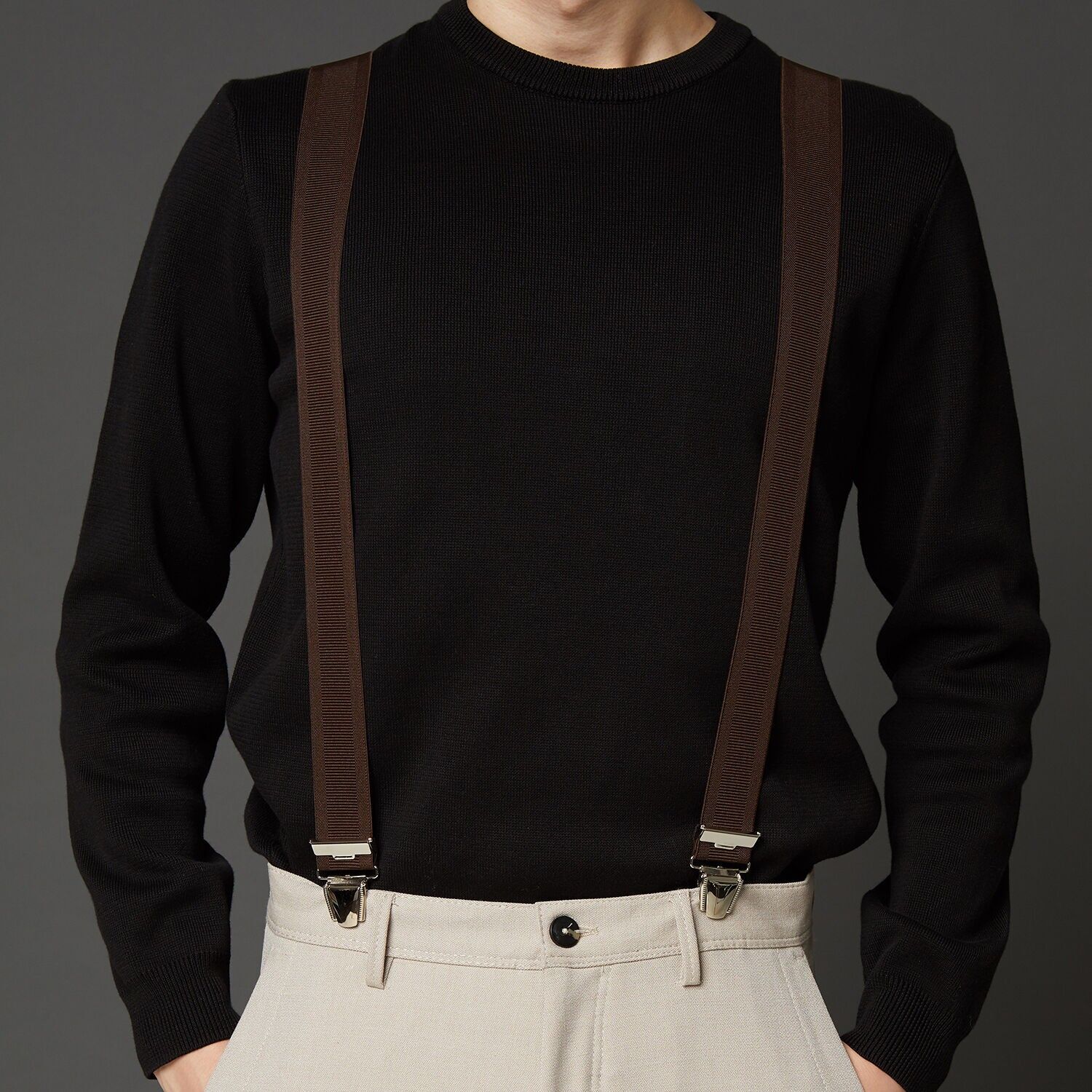 Bretelle elastiche a "X" con clip, 35 mm, produzione francese, YBREUNI-BROWN