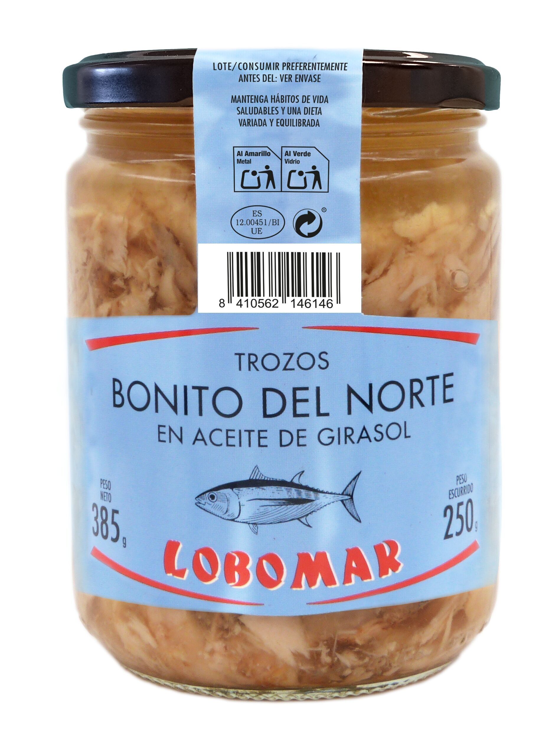 Pezzi/briciole di tonno bianco in olio di semi di girasole - barattolo di vetro da 385 g