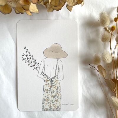 Illustrated card - woman with bouquet