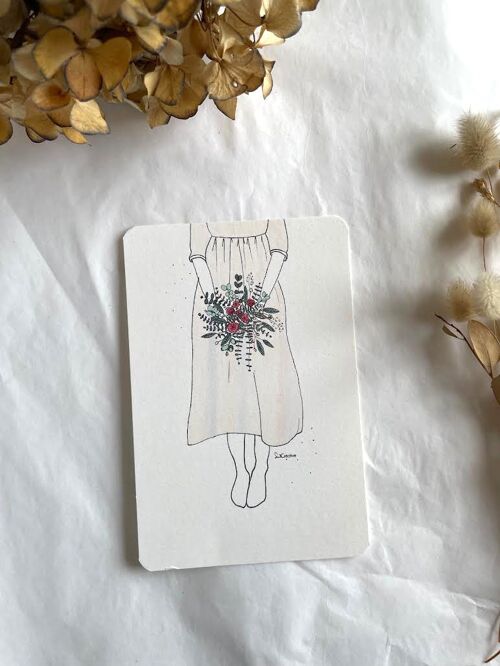 Carte illustrée - robe blanche et bouquet