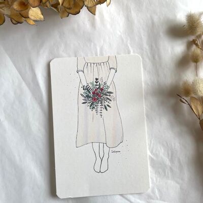 Illustrated card - white dress and bouquet