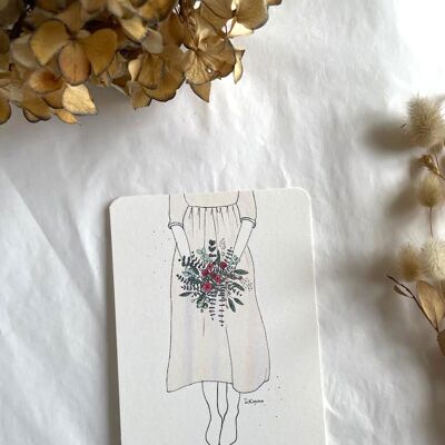 Carte illustrée - robe blanche et bouquet