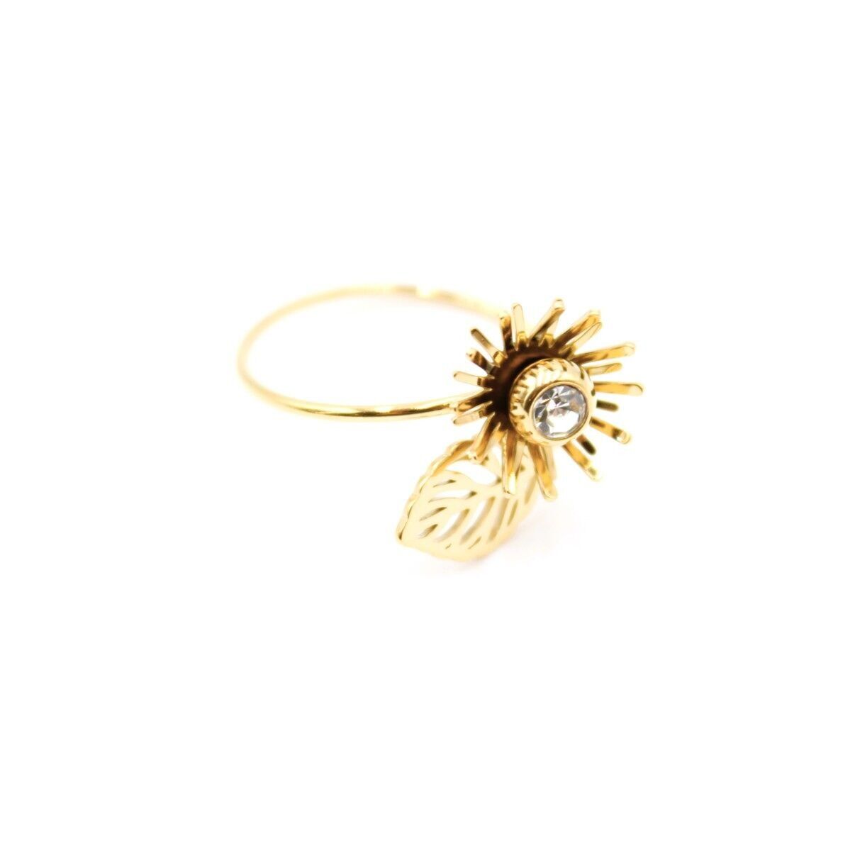 Bague dorée fleur et feuille