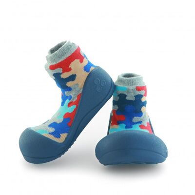 Attipas Puzzle-Blau- ergonomische Baby Lauflernschuhe, atmungsaktive Kinder Hausschuhe ABS Socken Babyschuhe Antirutsch